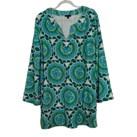 Talbots Terrycloth Tunic Womens Size 1X Green Medallion V Neck Swim Cover Up - Picture 1 of 10